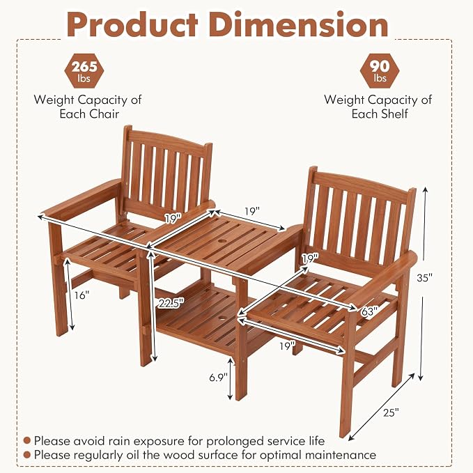 Tangkual Outdoor Wood Bench Loveseat with Built-in Table with1.57 Umbrella Hole, 2-Seater Outdoor Patio Furniture Set for Porch, Deck, Garden and Backyard