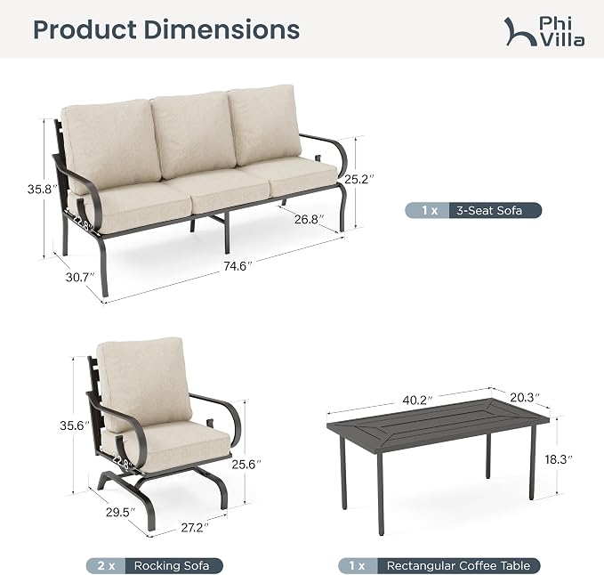 PHI VILLA Patio Furniture Set, 3-Seater Sofa, 4 Rocking Chairs and a Coffee Table, Outdoor Metal Conversation Set with 5.75" Extra Thick Cushion for Garden Backyard Deck, Beige