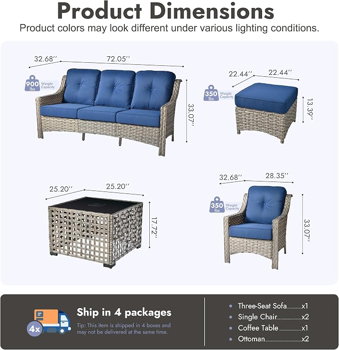 6 PCS Patio Furniture Set, Deep Seat High Back Outdoor Conversation Set with Ottomans, Wicker Outside Furniture with Solar Light Coffee Table for Porch Backyard Balcony, Sunroom, Navy Blue