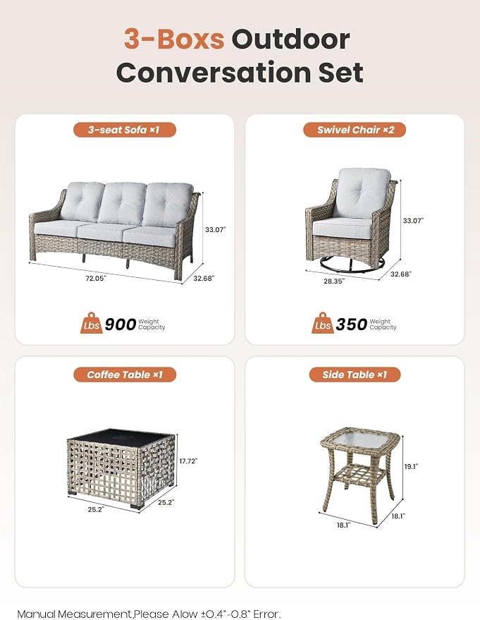 ovios 5 Piece Outdoor Patio Furniture with 3 Seat Sofa,Rattan Wicker Coversation Set with Swivel Rocking Chair,Balcony Sofa Set with Shiny Table for Outside Porch Backyard Pool, Light Grey