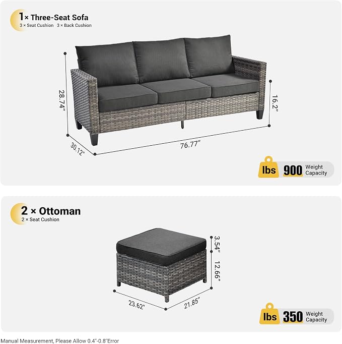 ovios 3 Pieces Patio Furniture Set Outdoor Sofa with Ottomans, Wicker Rattan Couch with Footrests Comfy Cushions, All Weather Sofas Couches for Porch Backyard Garden, Black