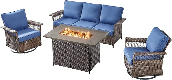 Patio Furniture Set with Fire Pit Table, 4PCS Patio Conversation Set Brown Resin Wicker Swivel Patio Chair and Sofa with 41in Rectangular Fire Table PE Rattan Patio Furniture Set