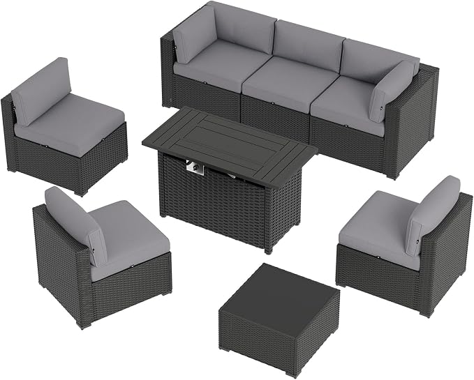 Aoxun 8 Piece Patio Furniture Set with 44" Fire Pit Table Wicker Rattan Sectional Sofa Outdoor Seating with Thickened Cushion, Grey