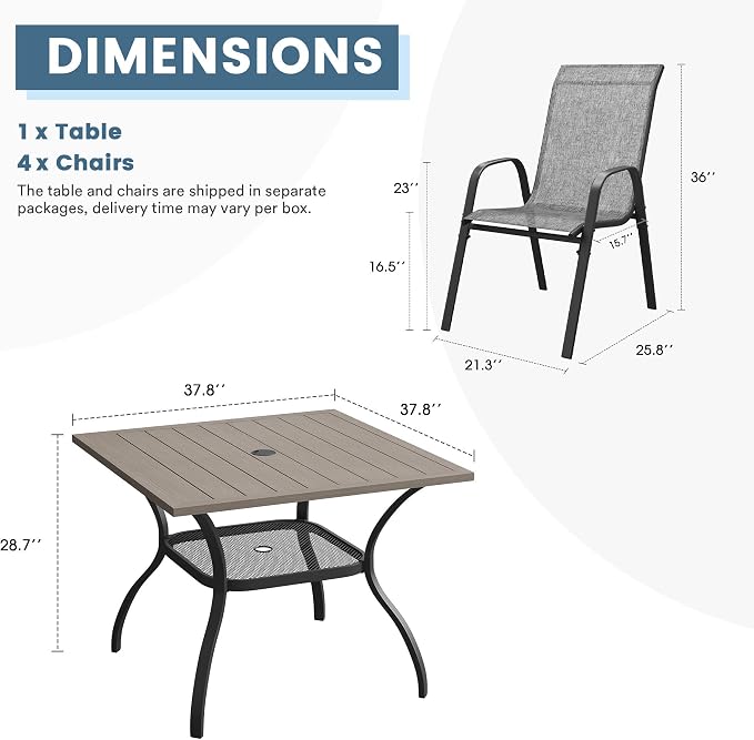 DIFY 5 Piece Outdoor Dining Set, 38" Grey Wood-Like Square Metal Patio Table and Grey Textilene Stackable Chairs for 4, All Weather Patio Furniture Set with Umbrella Hole for Backyard Garden Deck