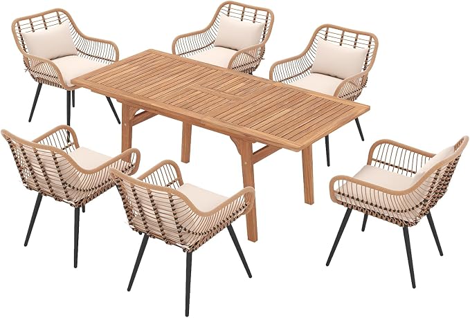 JOIVI Outdoor Dining Set for 6, 7-Piece Patio Table and Chairs Set, Patio Outdoor Furniture Set with Extendable Dining Table for Porch, Deck, Bistro, Backyard, Garden, Creamy White