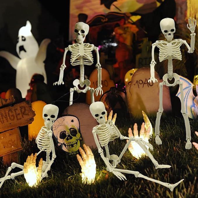 CAMIRUS 4PCS Halloween Skeletons Decorations, 16" Full Body Plastic Mini Little Skeleton Posable Joints Poseable Skeleton for Halloween Party Hanging Decoration Yard Lawn Garden Patio Decor