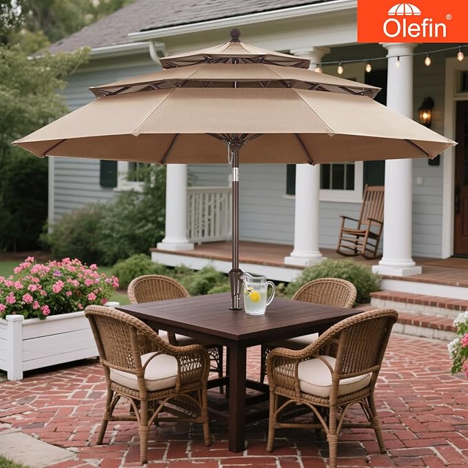 MASTERCANOPY 9ft 3-Tier Olefin Patio Umbrella with Tilt Crank, 5-Year-Non-Fading Canopy & 8 Fiberglass Ribs for Deck, Patio, and Garden, Tangerine-colored