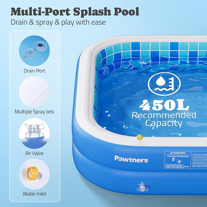 Inflatable Pool for Kids, Non-Slip Sprinkler Splash Pad for Backyard, Thickened PVC Kiddie Pool for Indoor Outdoor, Chew Proof Blow up Pond, Small Swimming Pool for Dog Bathtub (Blue 64.2x12.2in)