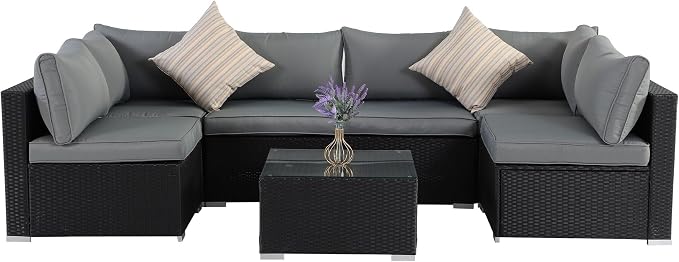7 Pieces Black Patio Furniture Set - All-Weather Outdoor Sectional Wicker Conversation Sofa, Rattan Patio Seating Sofa Set with Grey Cushions and Glass Table for Porch Poolside, Spring 2026