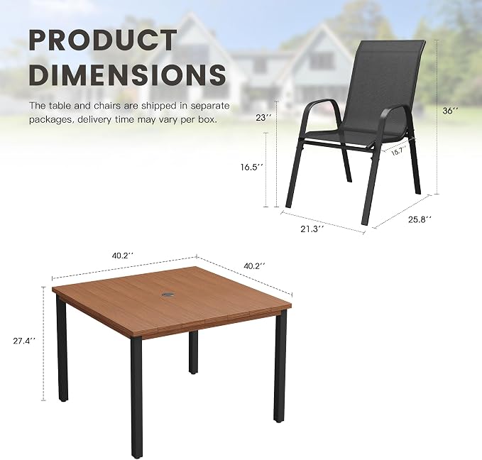 5 Pieces Outdoor Dining Set, 40.2" Square Table with Umbrella Hole & Stackable Patio Dining Chairs, Patio Table and Chairs Set for Deck Garden Porch, Black Chairs & Walnut Table