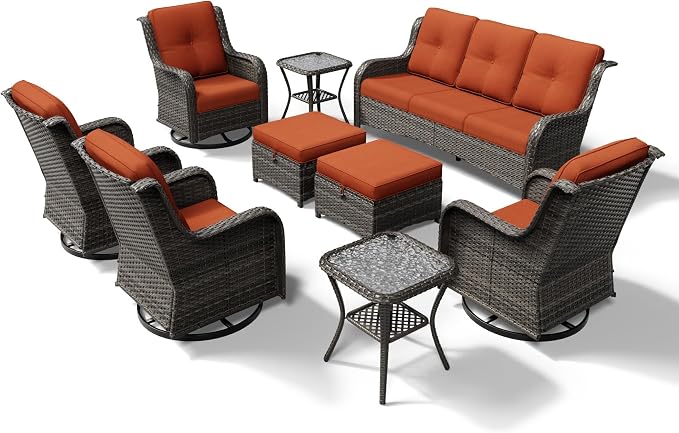 Joyside 9 Piece Wicker Patio Furniture Set, Outdoor Swivel Rocker Patio Chairs with High Back, Deep Seating, Wide Armrest, Thickened Cushions, Outdoor Furniture for Deck, Porch Use