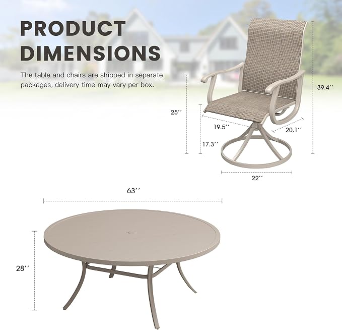 Outdoor Dining Set for 8, 63" Metal Round Outdoor Dining Table with Umbrella Hole and Sling Patio Swivel Chairs, 9 Pieces Patio Table and Chairs Set for Garden Backyard, Sandshell