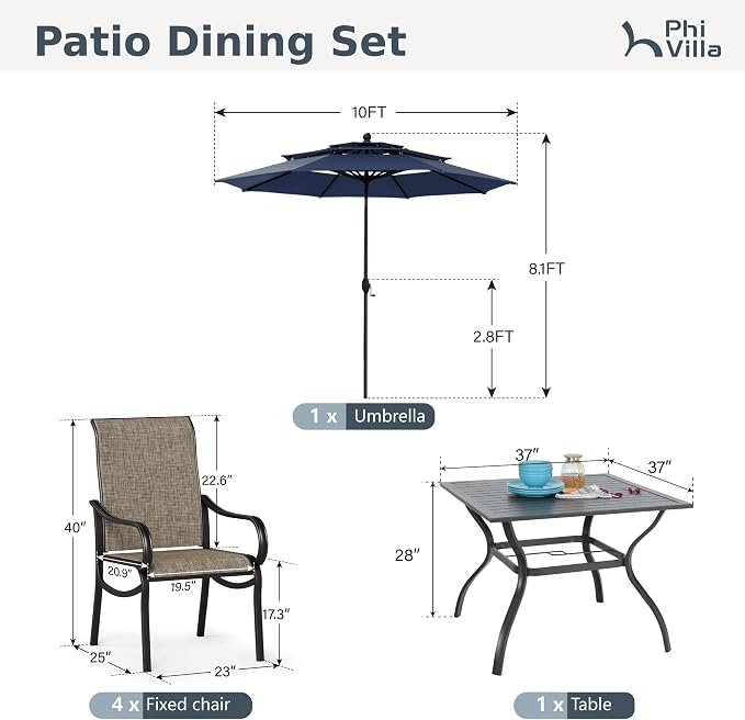 PHI VILLA 6 Pcs Patio Dining Set with 10ft Umbrella for 4, Mesh Chairs | 37" square metal table, 4 high-back textilene chairs, 10ft blue umbrella for outdoor, deck, lawn. Rust-resistant, easy-clean