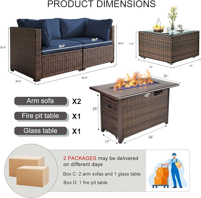 4 Pieces Patio Furniture Set with Fire Pit and Glass Table, Outdoor PE Rattan Sectional Sofa with Soft Cushions for Backyard, Porch, and Poolside (Blue, 4 PCS w/Table/Firepit)