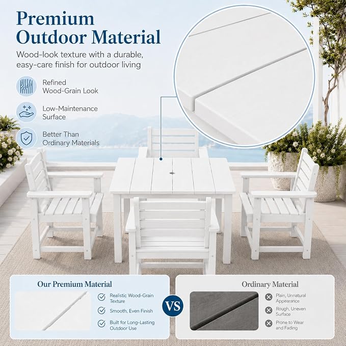 HDPE Outdoor Dining Set for 4, Square Table & Chairs Set | • All-Weather Polywood Composite • 410 lbs Heavy-Duty Support • Built-In 2" Umbrella Hole • Easy Soap-Water Wash