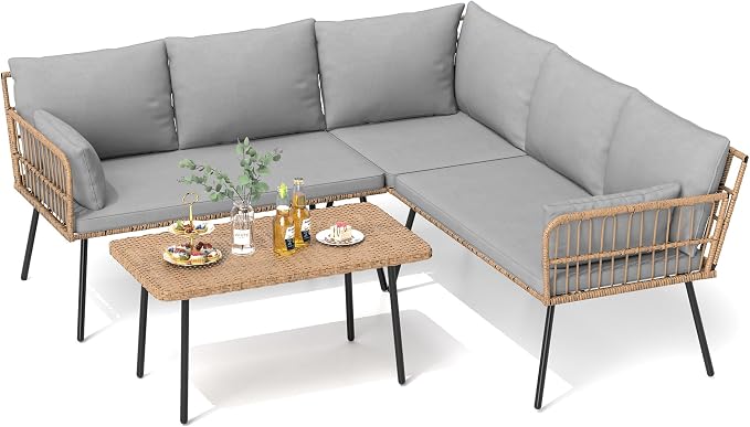 DWVO 4 Piece Patio Furniture Set with 5 Seater Outdoor Sectional with Thickness Cushions and Side Table All-Weather L-Shaped Sectional Conversation Sofa Set Outdoor Furniture Set for Backyard Porch