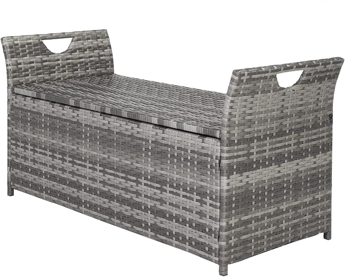 33 Gallon Outdoor Wicker Storage Bench Deck Box,Large PE Rattan Deck Storage Box,Outdoor Indoor Waterproof Storage Box,Patio Wicker Storage Bench,with Cushion,for Garden Balcony Porch Yard (Gray)