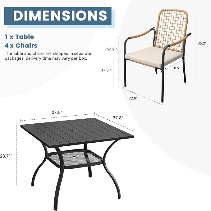 DIFY 5 Pieces Outdoor Dining Set, Metal Patio Table and Chairs Set for 4, 37.8" Square Dining Table with Umbrella Hole & Wicker Stackable Patio Chairs with Cushions, Black Tabletop