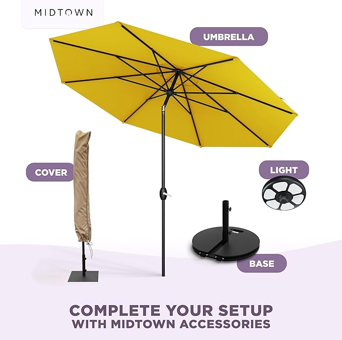 Midtown Umbrellas - 10-Year-No-Fade 9 Ft Patio Umbrella with Terylast Fabric, Auto-Tilt Aluminum Frame and 8 Reinforced Ribs for Deck, Pool, Garden & Beach - Sunflower Yellow Canopy, Black Pole