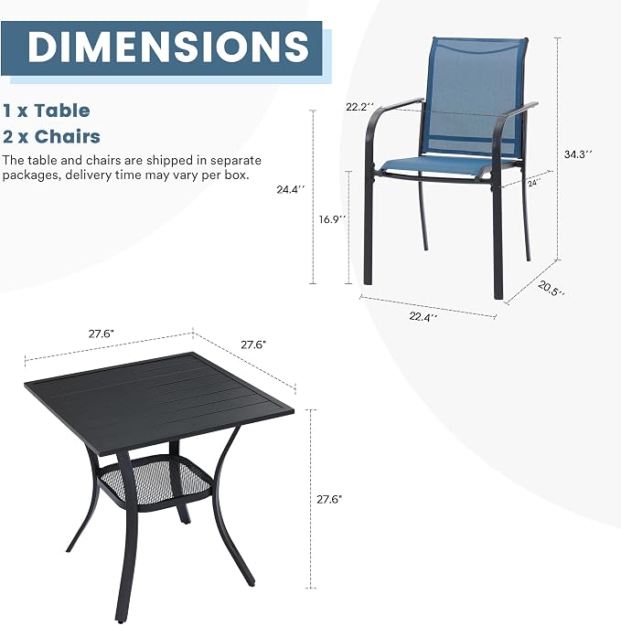 DIFY 3-Piece Outdoor Patio Bistro Dining Set, Black Small Square Dining Table & 2 Blue Stackable Metal Chairs with Breathable Fabric, Outdoor Furniture Set for Balcony, Porch, and Deck