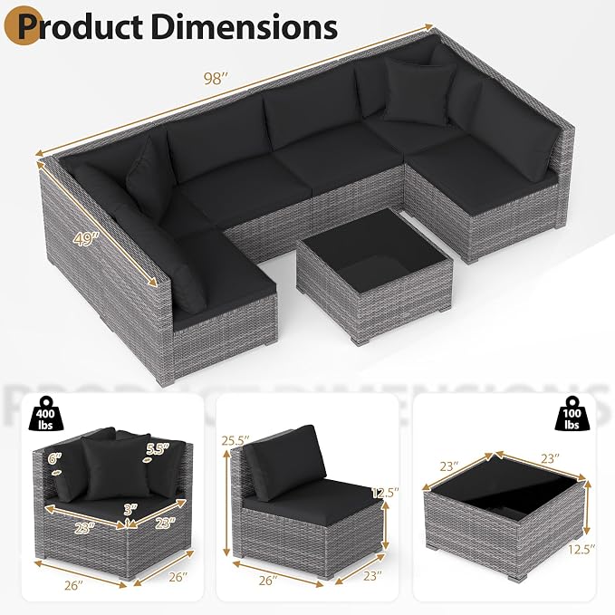 DORTALA 7 Pieces PE Rattan Patio Furniture Set, All-Weather Wicker Conversation Set W/Soft Cushions & Pillows, Coffee Table, Outdoor Sectional Sofa Set for Balcony, Poolside, Backyard, Black