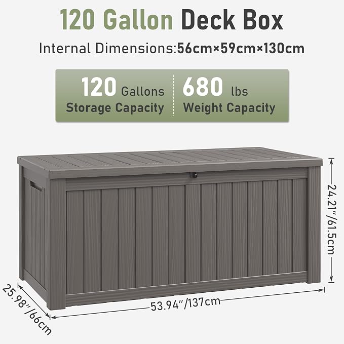 Outdoor Storage Box, 120 Gallon Deck Box, Resin Waterproof Outside Storage Bench, Outdoor Storage Cabinet With Lockable Lid, Backyard Deck Box For Garden Tools, Patio Cushions, Pool Accessories