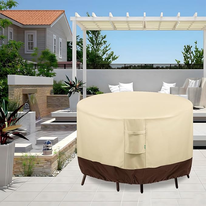 Round Patio Furniture Covers, 110" DIA x 28 H Waterproof Outdoor Furniture Cover for Patio Table & Chair Sets, 600D Heavy-duty UV-Resistant Fade-Proof Protection, Beige & Brown