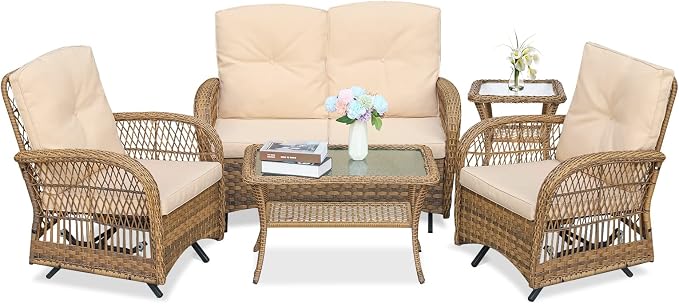 VIVIJASON 5-Piece Outdoor Patio Wicker Conversation Sets, All Weather Outdoor Rattan Furniture Set Includes Glider Loveseat, 2 Coffee Table, 2 Glider Rocker Chairs with Cushions, Light Brown