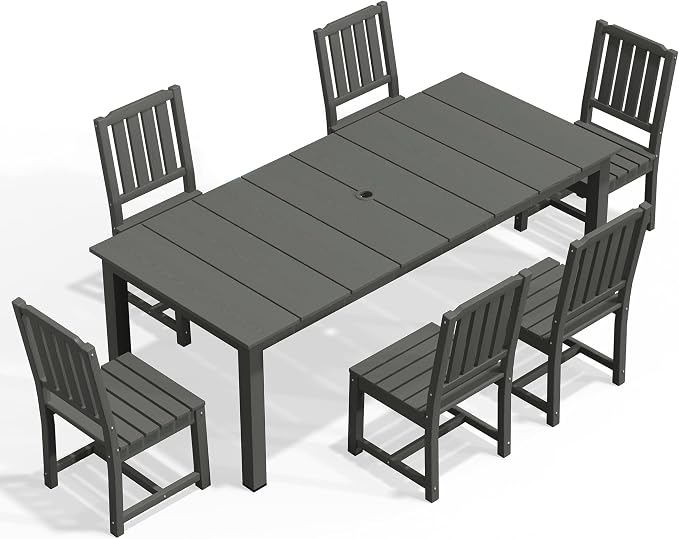 AreShark 7-Piece Outdoor Dining Set,HDPE Patio Table with 6 Armless Chairs,All-Weather Patio Furniture Set with Umbrella Hole,Low Maintenance Wood Grain Dining Set for Backyard,Garden,Poolside,Black