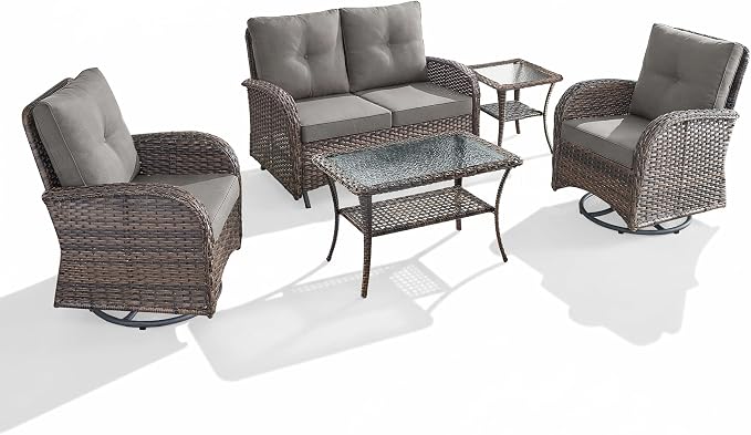 5 Piece Patio Furniture Set - Wicker Patio Conversation Set with Swivel Glider, Glider Loveseat, Tempered Glass Side Table and Coffee Table for Deck Backyard - Brown Wicker Grey Cushion