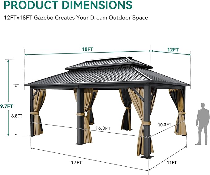 YITAHOME 12X18FT Meatl Hardtop Gazebo Metal Double Roof Canopy Galvanized Iron Aluminum Pillar Garden Tent Curtains Netting for Patios Backyards Decks Lawns