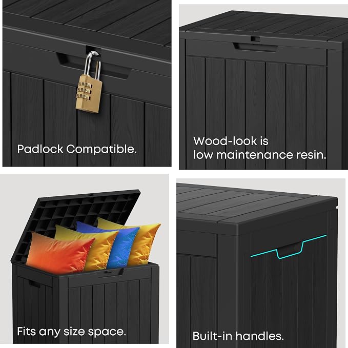 Deck Box Large Outdoor Storage for Patio Furniture,Outdoor Cushions,Garden Tools and Pool Supplies,Waterproof,Resin,Lockable (Black, 36 Gallon)