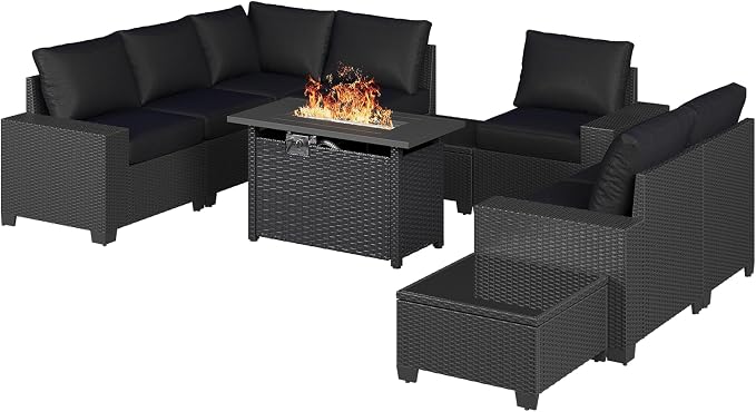 Aoxun 10-Piece Sectional Sofa with 44" Fire Pit, 4" Thicken Cushion, Widen Armrests Wicker for Backyard with Coffee Table, Black