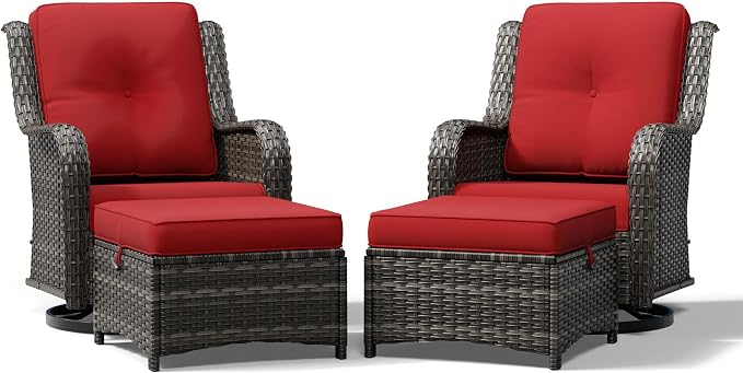 Joyside 4 Piece Wicker Patio Furniture Set, Outdoor Swivel Rocker Patio Chairs with High Back, Deep Seating, Wide Armrest, Thickened Cushions, Outdoor Furniture for Deck, Porch Use