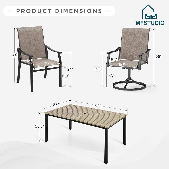 MFSTUDIO Outdoor Patio Dining Set for 6, Outdoor Patio Set with 64"x 38"x 28.5" Wooden Table, 4 Fixed and 2 Swivel Patio Chairs, Heavy Duty Outdoor Dining Table and Chairs for Patio Lawn