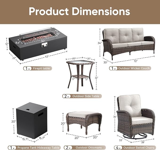 HUMMUH Luxury Patio Furniture Set with High Back Swivel Rocker Chairs & 3 Seater-Couch & Steel Fire Pit Table & Ottomans 7 Pieces Outdoor Conversation Set for Porch,Deck,Backyard