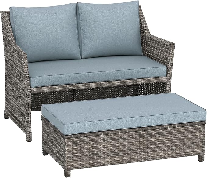 OC Orange-Casual 2-Piece Outdoor Patio Furniture Wicker Love-seat and Coffee Table Set, with Built-in Storage Bin, Grey Rattan, Grey Cushions