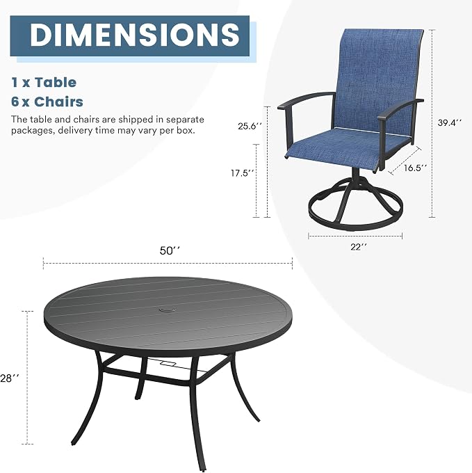 DIFY 7 Pieces Outdoor Dining Set for 6, 50" Black Round Metal Table with Umbrella Hole and Blue Textilene Swivel Patio Chairs, Patio Table and Chairs Set for Garden, Backyard, Poolside