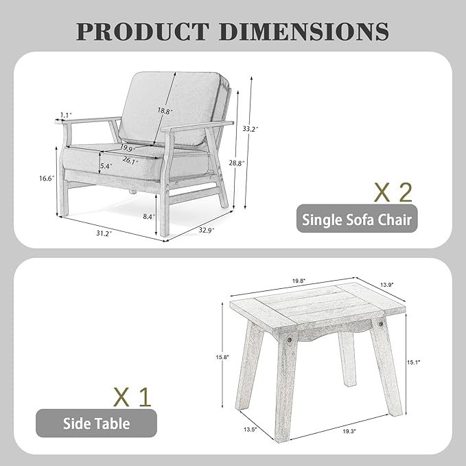3 Piece Wood Patio Chair Outdoor Bistro Set, Outdoor Armchair All Weather Patio Sofa Furniture Backyard Conversation Sets with Dark Wooden Side Table, Grey