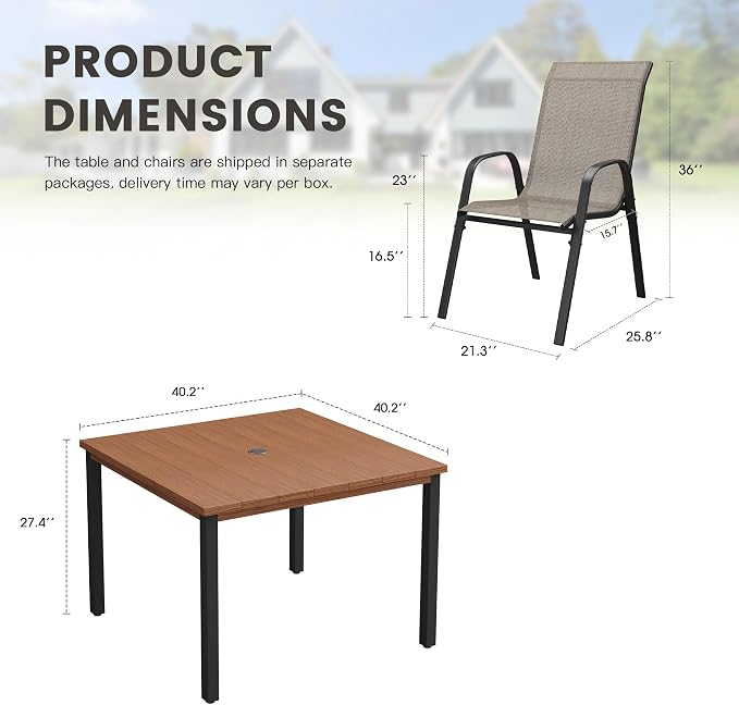 5 Pieces Outdoor Dining Set, 40.2" Square Table with Umbrella Hole & Stackable Patio Dining Chairs, Patio Table and Chairs Set for Deck Garden Porch, Brown Chairs & Walnut Table