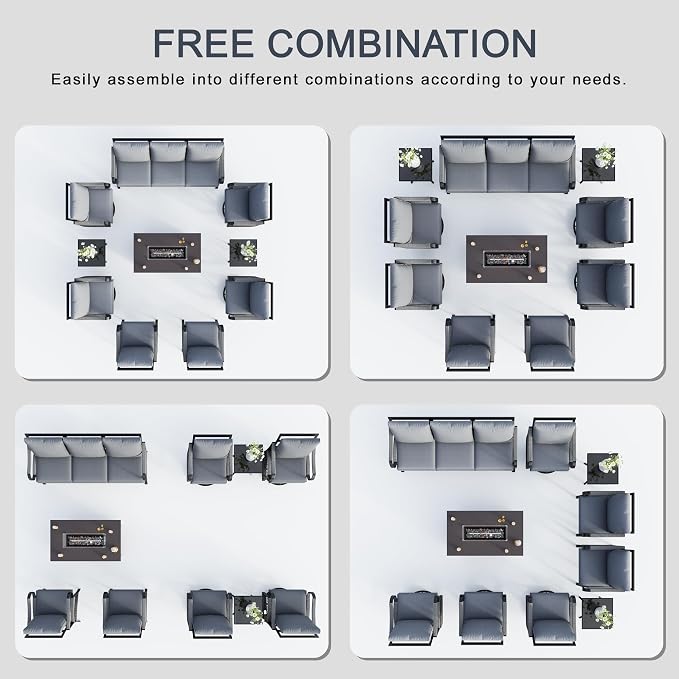 10 Pieces Patio Conversation Sets, All Weather Metal Outdoor Furniture Set 3-Seater 2 Single Chairs 4 Swivel Rockers with 2 Side Tables and Fire Pit Table for Backyard Garden Deck Poolside, Gray
