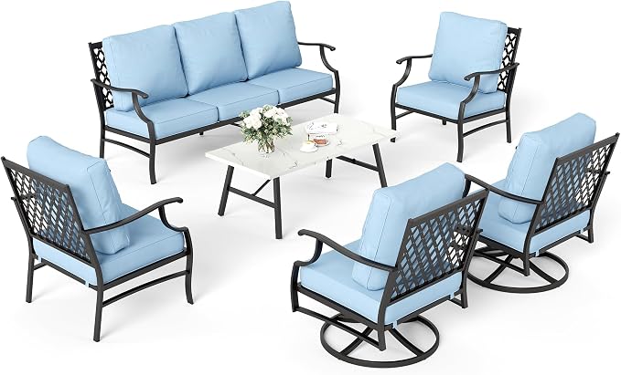 SUNSHINE VALLEY 6 Piece Metal Outdoor Patio Furniture Set, Patio Conversation Sets 1 3-Seater Sofa, 2 Swivel Chair, 2 Leg Chair with 5.75" Thick Cushion and Coffee Table, Backyard Furniture Set, Blue