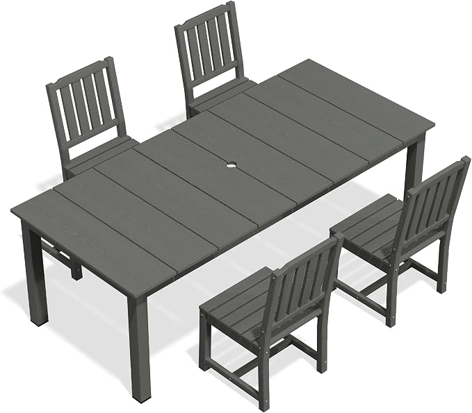 AreShark 5-Piece Outdoor Dining Set,HDPE Patio Table with 4 Armless Chairs,All-Weather Patio Furniture Set with Umbrella Hole,Low Maintenance Wood Grain Dining Set for Backyard,Garden,Poolside,White