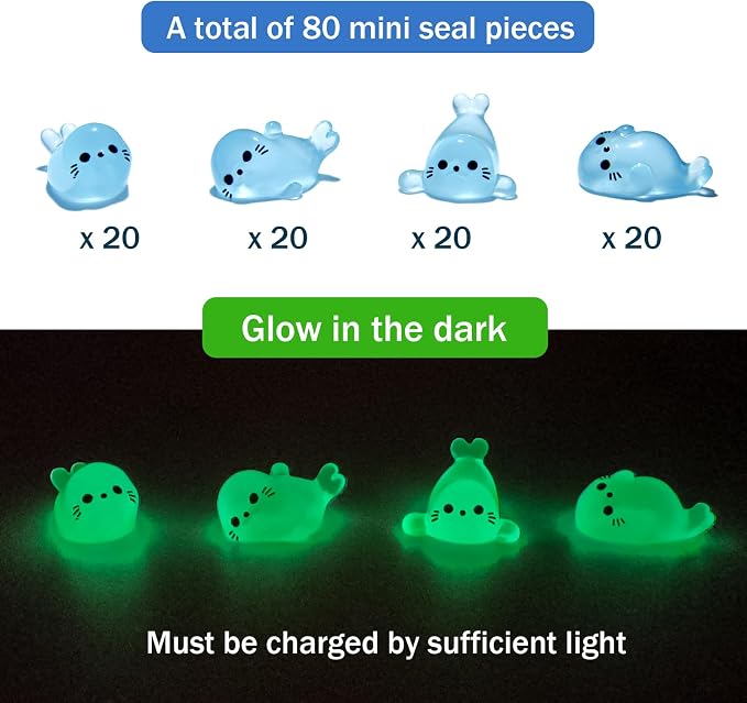 80Pcs Glow in Dark Mini Resin Seal Figurines - 4 Styles Luminous Sea Animals for Terrarium Decor, Fairy Garden, Aquarium, Small Resin Animals with Storage Box