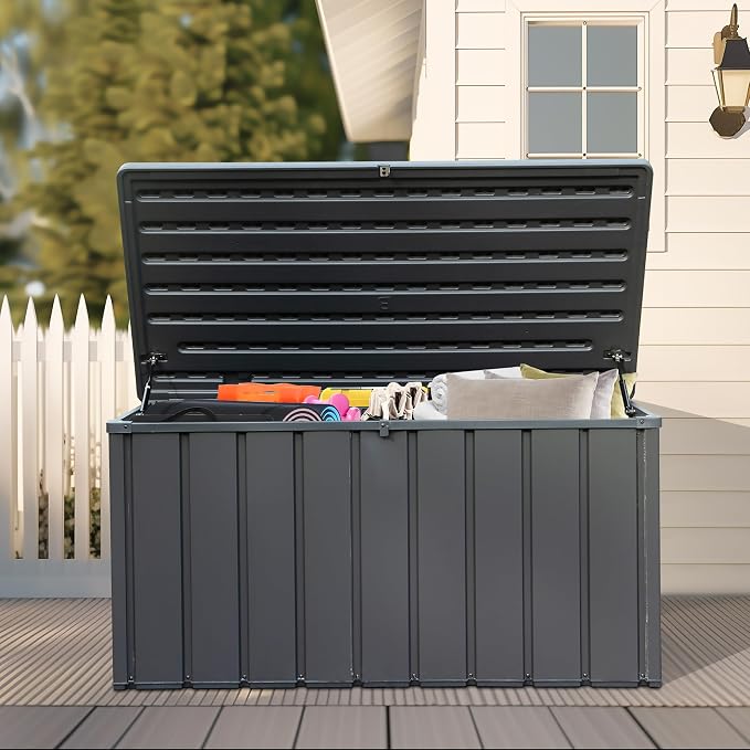 Domi Deck Box Outdoor Storage Box 100 Gallon, Large Metal Storage Cabinet with Resin Lid, Waterproof Lockable Patio Storage Box for Cushions Garden Tools Pool-Supplies, Dark Grey