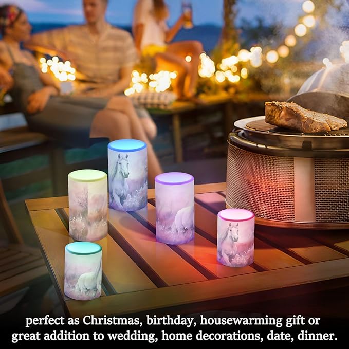 White Horses in Pink Field Flameless Candles Color Changing LED Candles with Remote Control Battery Candles for Outdoor and Indoor Home and Room Decoration, 3'' x 4''/5'' Set of 2 Pieces
