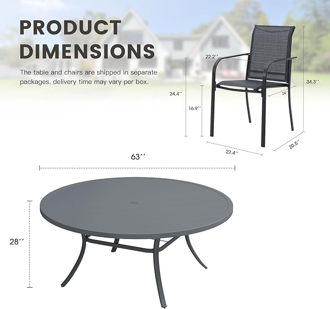11 Pieces Outdoor Dining Set, Stackable Textilene Paito Chairs & 63" Round Dining Table with Umbrella Hole, Patio Dining Set for Backyard, Deck, Garden, Grey & Dark Grey