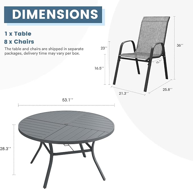 DIFY 9 Piece Outdoor Dining Set, 53" Round Metal Dining Table and Textilene Stackable Patio Chairs, Patio Table and Chairs Set for 8 with Umbrella Hole for Backyard Garden Deck, Grey