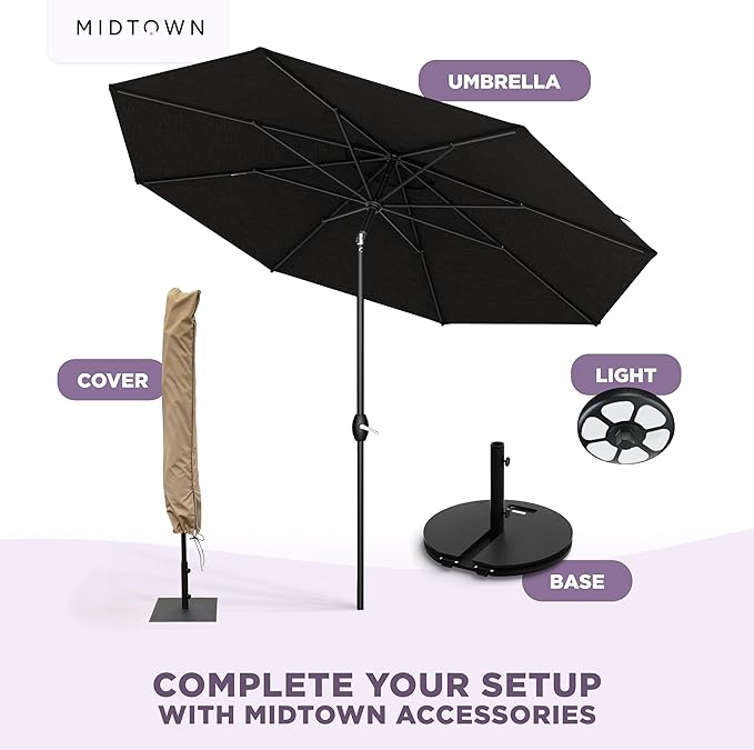 Midtown Umbrellas - The Lean 8 Ft Patio Umbrella with Fade-Resistant Sunbrella Fabric, Auto-Tilt Aluminum Frame and 8 Reinforced Ribs for Deck, Pool & Garden - Spectrum Carbon Canopy, Black Pole