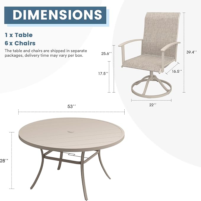 DIFY 7 Pieces Outdoor Dining Set for 6, 53" Round Metal Table with Umbrella Hole and Textilene Swivel Patio Chairs, Patio Table and Chairs Set for Garden, Backyard, Poolside, Sandshell